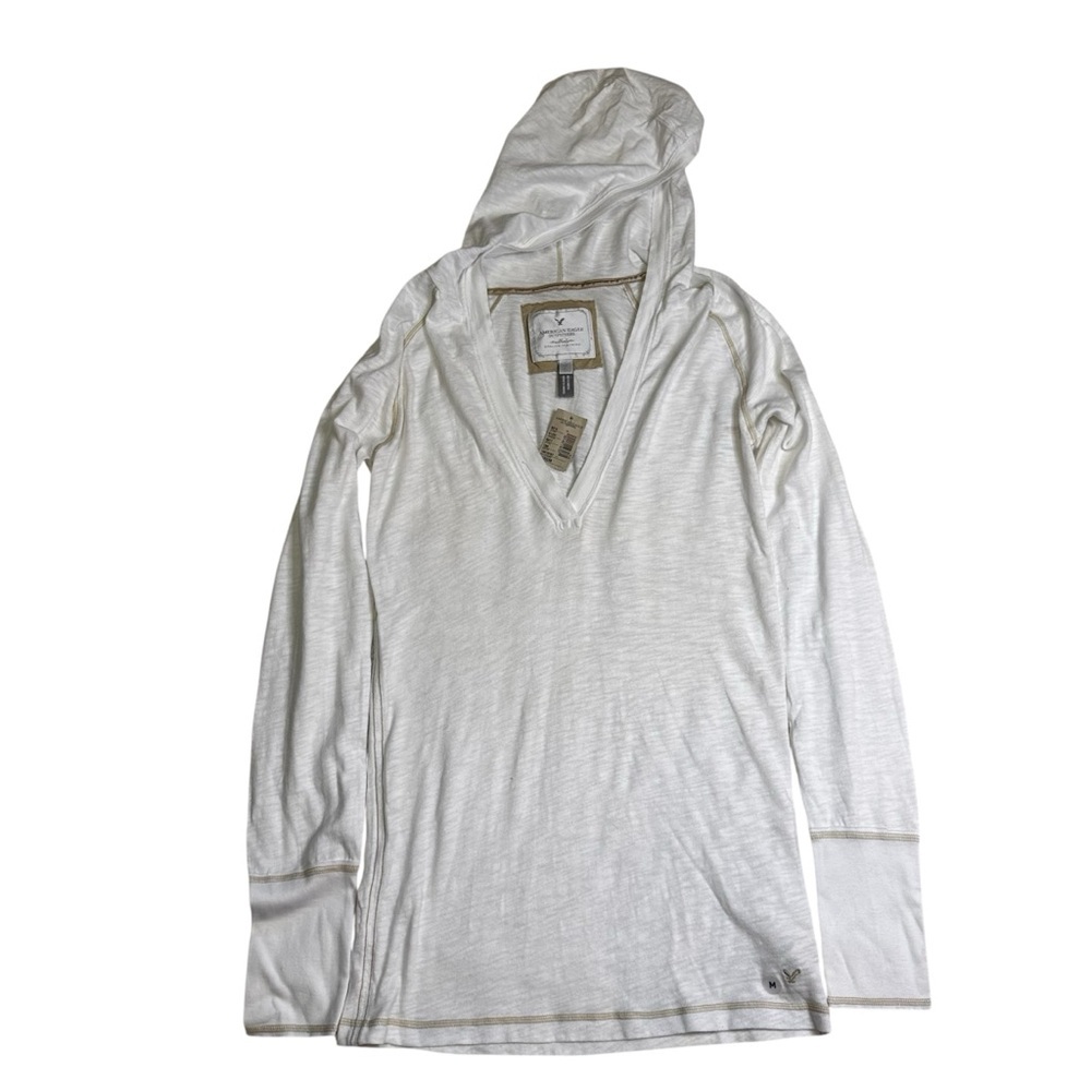 American Eagle White with a Beige Trim Hoodie Size Medium V Neck Long Sleeve NWT - Picture 4 of 11